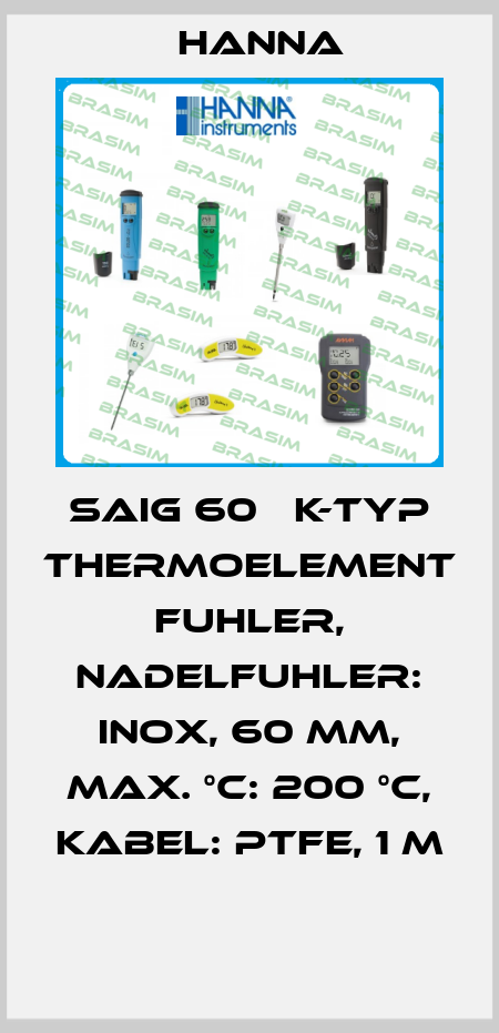 SAIG 60   K-TYP THERMOELEMENT FUHLER, NADELFUHLER: INOX, 60 MM, MAX. °C: 200 °C, KABEL: PTFE, 1 M  Hanna