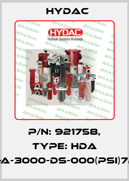 P/N: 921758, Type: HDA 47F9-A-3000-DS-000(PSI)72inch Hydac