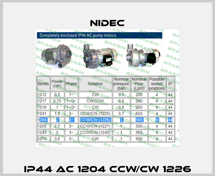 IP44 AC 1204 CCW/CW 1226 Nidec