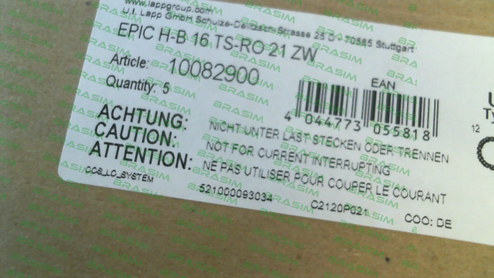10082900 / EPIC H-B 16 TS-RO 21 ZW (pack x5) Lapp Kabel